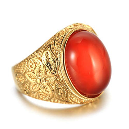 Retro Unisex Stainless Steel Oval Gemstone Hollow Flower Carved Signet Ring - color: Gold-Red