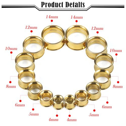 12G-25mm Double Flare Thin Gauges Tunnels Plugs Stretching Kit 316L Surgical Stainless Steel Hollow Gauge Tunnel Plug for Ear 12G 10G 8G 6G 4G 2G 0G 00G 12mm 14mm 16mm 18mm 20mm 22mm 25mm - color: Gold Tone, size: 6G(4.0mm)-18mm