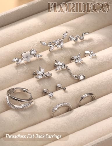 20G 18G Threadless Flat Back Earrings 316L Surgical Steel, 12PCS | Hypoallergenic Push in Stud Earrings, 14K Gold Plated Cartilage Earring Stacks, Helix Conch Tragus Nose Piercing Jewelry - color: Silver Tone, size: 20G-6MM Bar