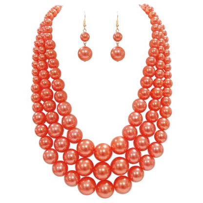 Rosemarie & Jubalee Women's 3 Colorful Multi Strands Simulated Pearl Necklace And Earrings Jewelry Gift Set, 18"+3" Extender - color: Orange Gold Tone - Double Ball Earring