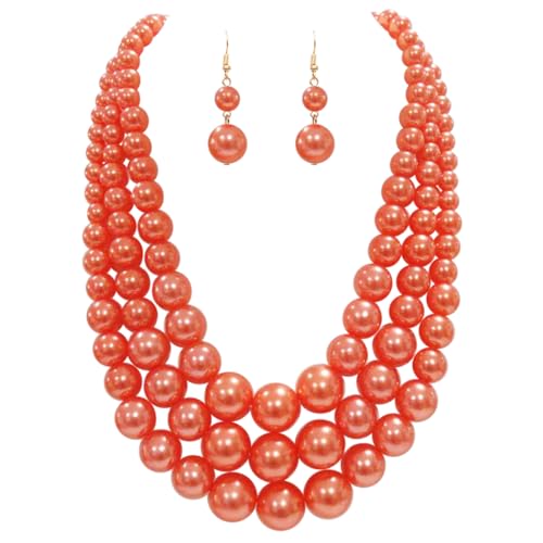 Rosemarie & Jubalee Women's 3 Colorful Multi Strands Simulated Pearl Necklace And Earrings Jewelry Gift Set, 18"+3" Extender - color: Orange Gold Tone - Double Ball Earring