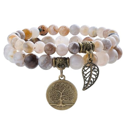 Bivei Natural Semi Precious Gemstone beads bracelet for women - Life Tree and Leaf Charm Energy Reiki Crystal Stretch Bracelets - color: Bamboo Leaf Agate Bracelet Set, size: Medium:6.8-7.24inch