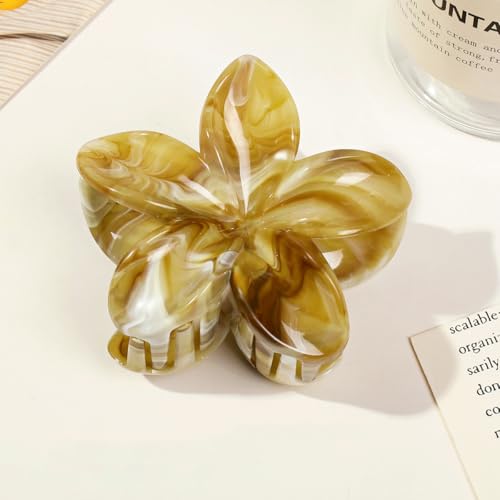 Flower Hair Clips for Women Girls Claw Clips Set Ginger-Yellow Plumeria with Marble Design Barrettes Summer Hair Clip Fashion Hair Styling Accessories for Thick Thin Hair(3Pcs:1Large 2Small) - color: Ginger-Yellow