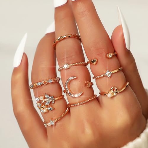 HUASAI Gold Stackable Rings Set for Women Boho Dainty Moon Star Pearl Leaf Cubic Zirconia Heart Midi Pinky Trendy Jewelry Birthday Gifts - color: R Gold Moon Star Rings 10 Pcs