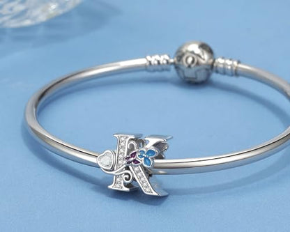 S925 Silver Butterfly Initial Letter Charms Fit for Pandora Charms Bracelets and Necklace Alphabet Bead Charms Jewelry Gifts for Women - color: K