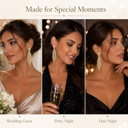 Rhinestone Clip on Earrings for Women Gold/Silver Prom Dresses 2026 Sparkly Chandelier Long Earrings Wedding Guest Jewelry - color: A:Gold Chandelier Clip on