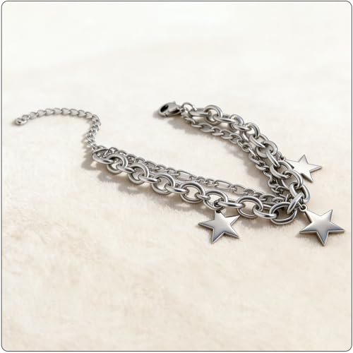 Women’s Star Bracelet Stainless Steel Link Chain, Double Layer Star Charm Bracelet for Women, Fashion Curb Bracelet Stackable Birthday Gift