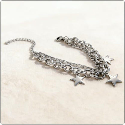 Women’s Star Bracelet Stainless Steel Link Chain, Double Layer Star Charm Bracelet for Women, Fashion Curb Bracelet Stackable Birthday Gift