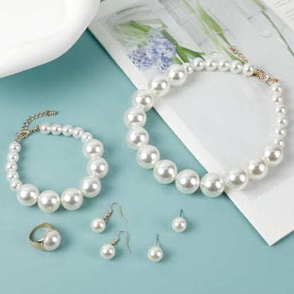 Pearl Jewelry Set for Women Faux Pearl Costume Jewelry Set with Necklace, Bracelets, Ring, Earrings for Wedding Bridal Birthday Tea Party - color: White Chunky