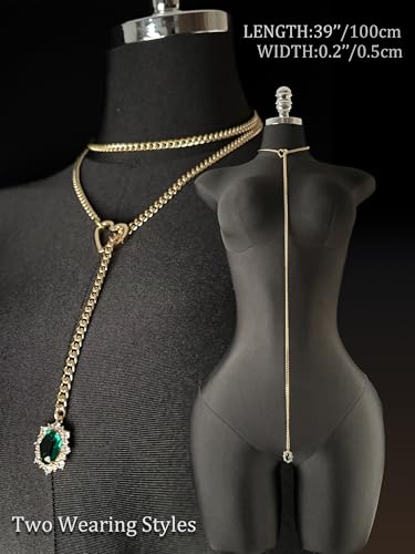 Women's Heart O-Ring Slip Chain Necklace, Double Layered Adjustable 39'' Cuban Chain with Detachable Heart Clasp and Colorful Rhinestone Pendant - color: 39'' Gold-Emerald Green