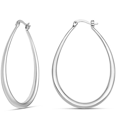 Milla Oval Hoop Earrings for Women | Elegant Polished 14K Gold, Rose Gold or Silver Plated Hoops with Secure Latch Closure, Hypoallergenic & Lightweight - color: Sterling Silver Plated / 1.8 in - SMALL