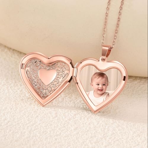 PHOCKSIN Personalized Locket Necklace for Women Photo Necklace with Customized Picture Birth Flower Birthstone Customizable Birthday Gifts - color: #08-Heart Rose Gold Flower