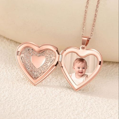 PHOCKSIN Personalized Locket Necklace for Women Photo Necklace with Customized Picture Birth Flower Birthstone Customizable Birthday Gifts - color: #08-Heart Rose Gold Flower