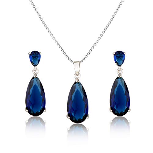 Wedding Jewelry Set for Bridesmaids - Sterling Silver Teardrop CZ Crystal Cubic Zirconia Rhinestone Diamond Bridal Necklace Earrings Set for Bride Mother of Bride Party Prom Birthstone Costume Jewelry - color: Sept-Sapphire