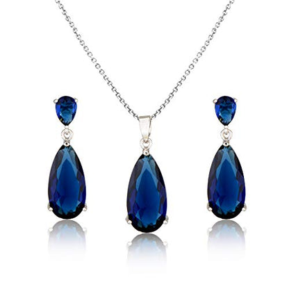 Wedding Jewelry Set for Bridesmaids - Sterling Silver Teardrop CZ Crystal Cubic Zirconia Rhinestone Diamond Bridal Necklace Earrings Set for Bride Mother of Bride Party Prom Birthstone Costume Jewelry - color: Sept-Sapphire