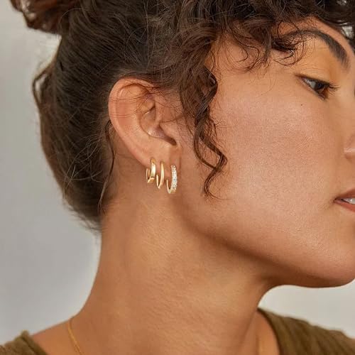 micuco 3 Pairs Small Gold Hoop Huggie Earrings Set for Women Men Tendy | 14K Gold Plated Small Huggie Hoop Earrings for Men, Tiny Cartilage Hypoallergenic Earring Set - style: Q# 3 Pairs Gold 10-10-10mm