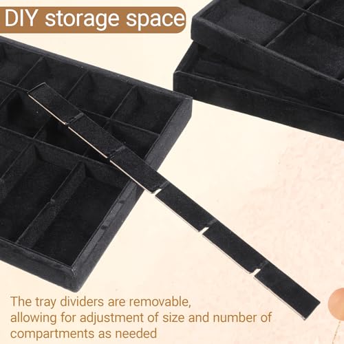 4 Pack Jewelry Tray, Stackable Velvet Jewelry Organizer Tray Jewelry-Tray Stackable Jewelry-Trays 3.8"x9.5"x1.2" Divided Ring Organizer-Tray for Necklace Earring Ring Watch Bracelet,Black