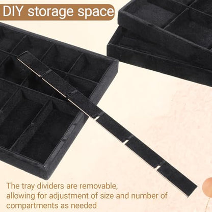 4 Pack Jewelry Tray, Stackable Velvet Jewelry Organizer Tray Jewelry-Tray Stackable Jewelry-Trays 3.8"x9.5"x1.2" Divided Ring Organizer-Tray for Necklace Earring Ring Watch Bracelet,Black