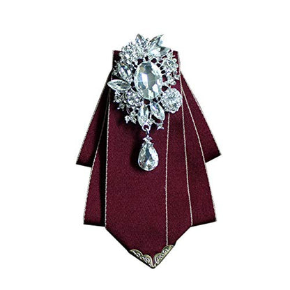 Crystal Bow tie Brooches Collar Pin Jewelry ribbon Fabric Bowknot Pre Tied Neck Tie For men Women wedding bridegroom - color: Dark Red