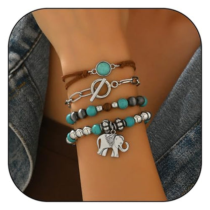 LOTSOF Western Turquoise Beaded Bracelet, Chic Stack Beaded Western Style for Country Concerts, Cowgirl Outfits & Boho Jewelry - color: Elephant Style