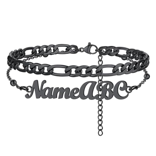 FindChic Custom Ankle Bracelets for Women, Stainless Steel Figaro/Cuban/Wheat/Rope/Herringbone Chain Anklets, Beach Foot Jewelry 8.5''-10.5'' Adjustable & Waterproof, with Gift Box - style: Figaro Chain-Black
