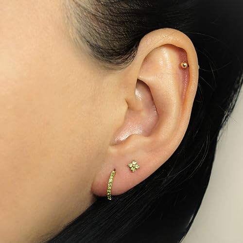 QueenBee 14K Gold Plated Ivy Flower Birthstone Stud Earrings for Women Dainty Floral Gemstone Studs Unique Jewelry Gift for Her - color: Aug-Peridot