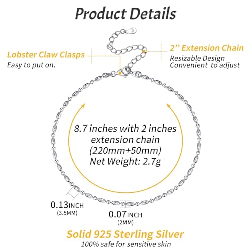 ChicSilver 925 Sterling Silver Ankle Bracelet for Women, Simple Cuban Link/Figaro/Twist Rope Chain Anklets for Beach Party(with Gift Box) - style: 12: Oval and Round Bead