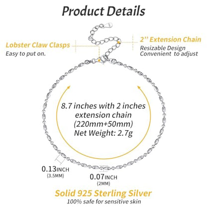 ChicSilver 925 Sterling Silver Ankle Bracelet for Women, Simple Cuban Link/Figaro/Twist Rope Chain Anklets for Beach Party(with Gift Box) - style: 12: Oval and Round Bead