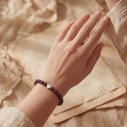 Bivei Crystal Stretch 6mm Bracelets for Women | Handmade Natural Stone Beaded Stretch Bracelet, Stainless Steel Heart Bead, Tranquility Yoga Gift Jewelry for Women - color: Garnet - Energizing