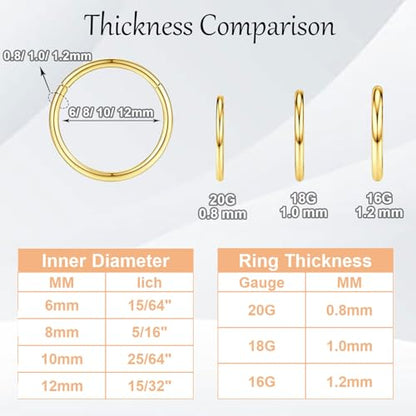Nose Rings 20G 18G 16G 316L Surgical Steel Hinged Clicker Segment Nose Hoop Helix Cartilage Daith Tragus Sleeper Earrings Body Lip Piercing Jewelry for Women Men 6mm 7mm 8mm 10mm 12mm - style: 08:Gold-16G*6/8/10/12mm(8pcs)