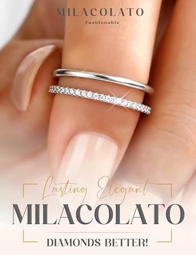 MILACOLATO 2Pcs Solid 925 Sterling Silver Rings for Women 1.3mm Thin Non Tarnish White Gold Plated Plain Thumb Stackable Rings Half Cubic Zirconia Wedding Eternity Band Rings Size 5-10 - color: Silver