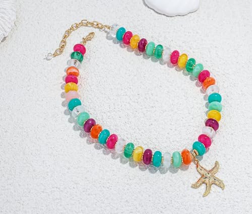 Chunky Beads Necklace for Women Trendy Gold Puffy Heart Choker Necklace Colorful Resin Beaded Heart Pendant Necklaces Statement Jewelry - color: 14MM Disc starfish Bead-Colorful