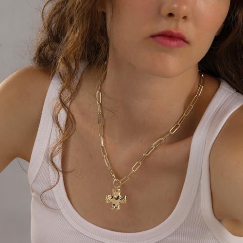 Bheop Chunky Cross Necklace for Women, 14K Gold Silver Statement Necklace | Sturdy Paperclip Chain, Hammered Pendant, Vintage Charm, Trendy Costume Jewelry, Faith Christian Religious Gift, Non Tarnish - style: GD-Cross Necklace(1 inch Pendant)