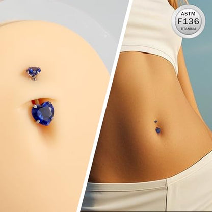 ASTM F136 Titanium Belly Button Rings 14G CZ Heart Belly Navel Rings 10mm Bar Body Piercing Jewelry Navel Ring With 1PCS Curved Piercing Taper - color: Blue CZ