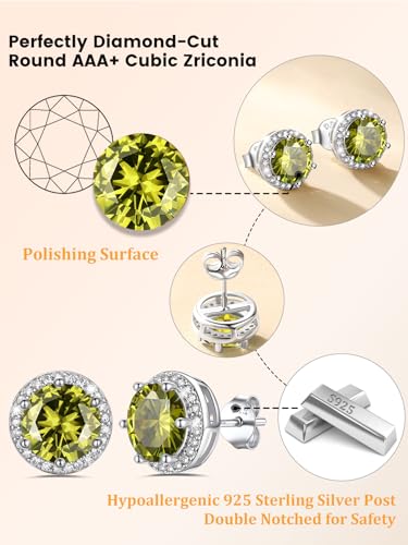 Bestyle Authentic 925 Sterling Silver 2 Carat Birthstone Earrings for Women, More Sparkle Heart/Round Solitaire Diamond Studs Earrings, Great Birthday/Christmas/Anniversary Jewelry for Wife Mother - color: 08. Aug.Peridot-Round