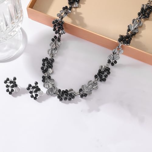 Fashion Bride Silver Gold Plated Black 1920s Leaf Faux Pearls Necklace Earrings Set Wedding Jewelry Set Sparkly Choker Necklace Stud Earrings Set for Women Christmas Gift Set for Women Necklace and Earrings - color: Black