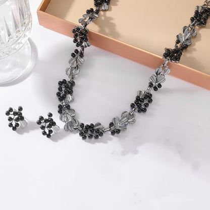 Fashion Bride Silver Gold Plated Black 1920s Leaf Faux Pearls Necklace Earrings Set Wedding Jewelry Set Sparkly Choker Necklace Stud Earrings Set for Women Christmas Gift Set for Women Necklace and Earrings - color: Black