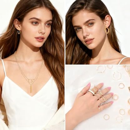 56 Pieces Gold Costumes Accessories Set for Women Layered Necklace Knuckle Rings Dainty Earrings Fashion Costume Jewelry Set for Valentine Anniversary