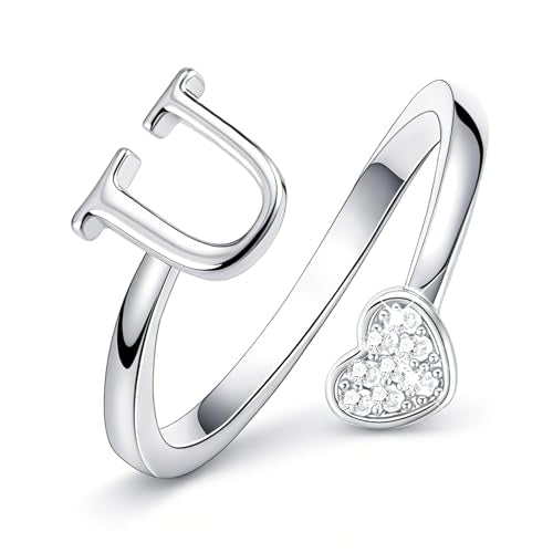 Lunvky Birthday Gifts Silver Initial Rings for Women Teen Girl Kids Trendy Stuff Dainty 14K Gold Plated Adjustable Heart Letter Thumb Rings Pinky Cute Jewelry Personalized Gift - color: Silver, size: Initial-U