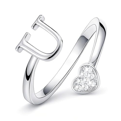 Lunvky Birthday Gifts Silver Initial Rings for Women Teen Girl Kids Trendy Stuff Dainty 14K Gold Plated Adjustable Heart Letter Thumb Rings Pinky Cute Jewelry Personalized Gift - color: Silver, size: Initial-U