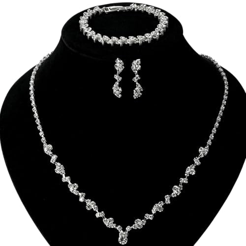 NEWITIN 4 Pieces Crystal Jewelry Set for Women Wedding Costume Accessories | Hypoallergenic, Cubic Zirconia, Necklace Earrings Bracelet, Tennis, Silver Jewelry for Wedding Bride Bridesmaid Party Prom - color: Silver Beauty