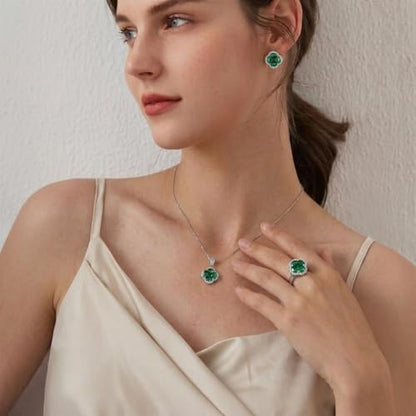 Green/Blue Zircon 4-Leaf Clover Jewelry Set – Necklace, Ring, Earrings – Women's Wedding & Evening Gift for Wife, Girlfriend, Mother – Comes with Gift Box - color: Green 3-Piece Set