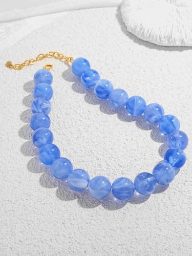 Chunky Beaded Necklaces for Women Statement Necklace | Bold Chunky Choker, Large Resin Beads, Adjustable Necklace, Boho Trendy Summer Beach Holiday Jewelry - color: Blue-01