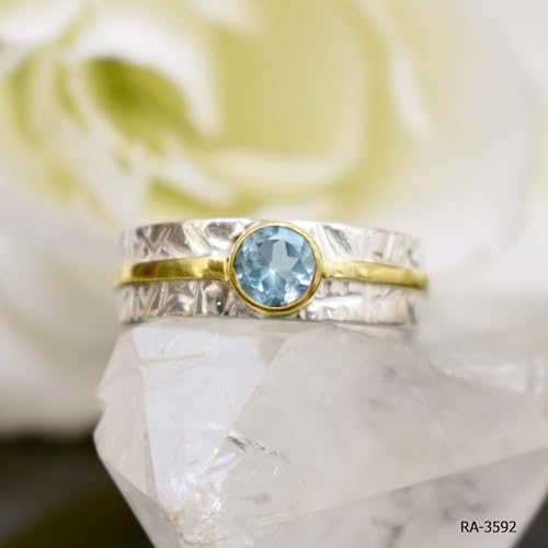 Stunning Blue Topaz Ring Hammered Two Tone Band Ring for Women & Girls Thumb Band Ring In Sterling Silver Gemstone Ring Wedding Promise Best Gift Band Ring Stackable Topaz Ring