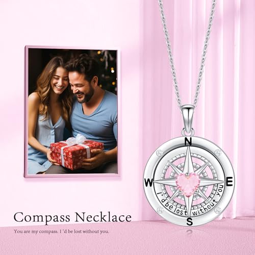 Compass Necklace Sterling Silver Nautical Graduation Gift | 925 Sterling Silver compass pendant with meaningful nautical design, jewelry for women, graduation and travel gift - color: Pink-2