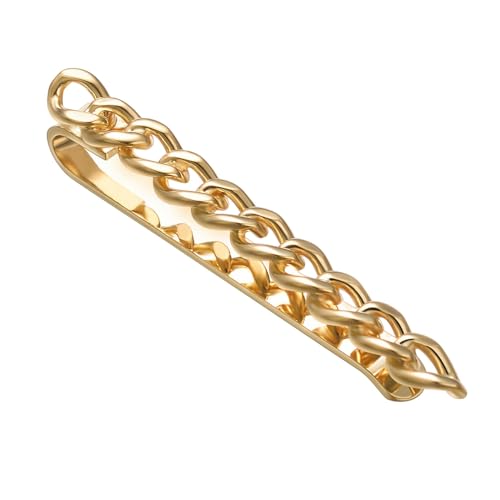 Mens Chain Tie Clips For Men Unique Silver Black Gold Tie Bar Round Stainless Steel Tie Clip - style: GOLD