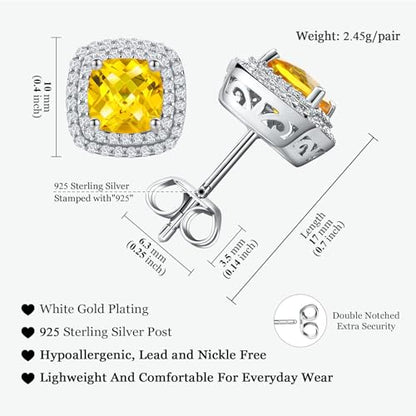 Dainty Birthstone Earrings for Women Sterling Silver Small Stud Earrings with Halo Cushion/Round Created Gemstone Earrings Birthstone Jewelry - style: A 11. Nov./created citrine-cushion cut