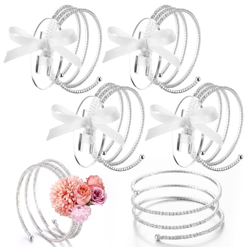 Hotop 4 Set Silver Corsage Wrist Bracelet Rhinestone Circle Bands Bride Bracelet Adjustable Wrist Corsage DIY Wedding Wristband Accessory for Bridal Party Prom - color: Silver, style: Rhinestone Circle