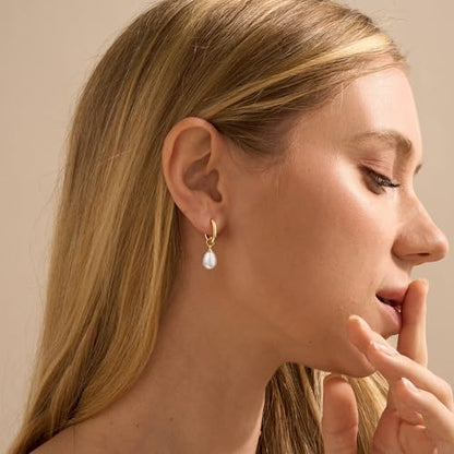 Robaice Pearl Earrings for Women, 14K Gold Plated Dangle Drop Earrings | Small Pearl Drop Huggie Hoop Earrings, Hypoallergenic Dainty Gold Earrings, Wedding Jewelry Gifts for Women Trendy - style: small drop pearl earrings