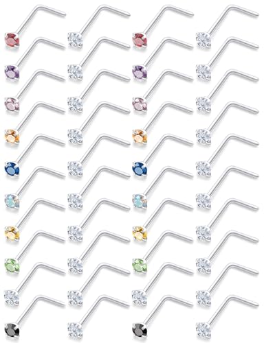 18G 20G 22G Round Cubic Zirconia Nose Rings Studs for Women Men 316L Stainless Surgical Steel Nose Ring Stud Piercing Jewelry Silver Clear CZ 1.5mm 2mm 3mm - style: 18G L Shaped Silver CZ 2mm